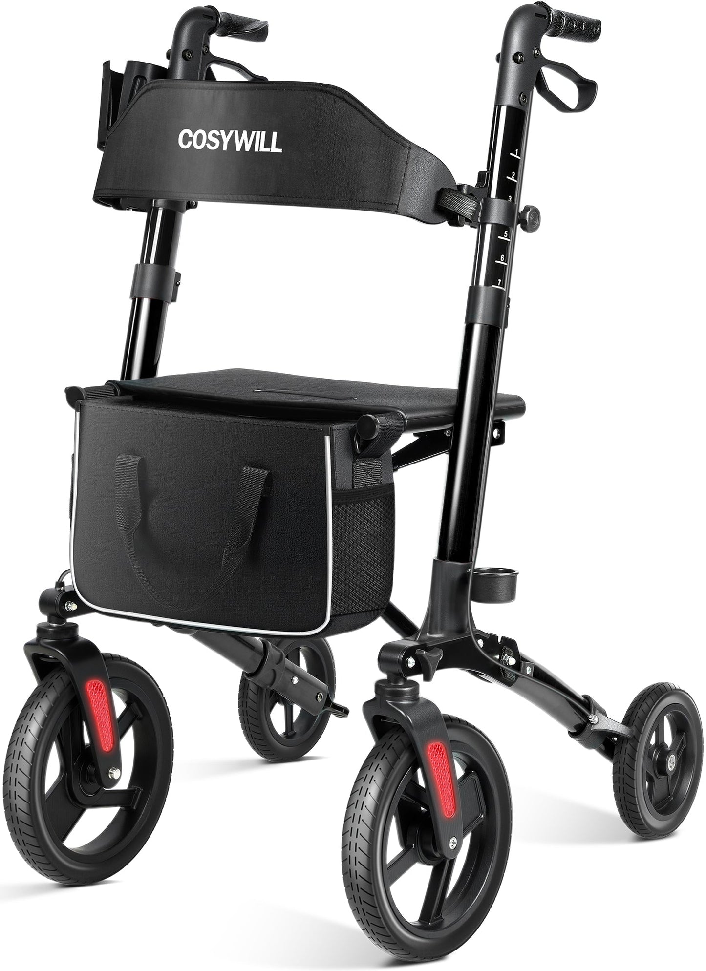 COSYWILL Walkers for Seniors,Foldable Rollator Walker with Seat,Mobility Walkers with 10" Big Wheels, Adjustable Handles and Backrest Height,Black