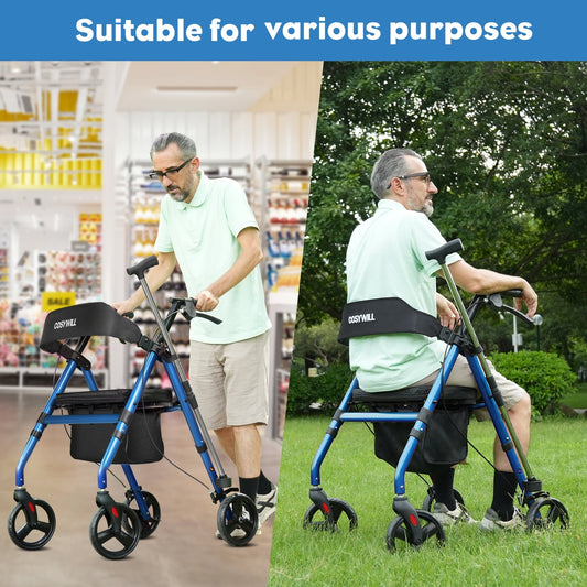 COSYWILL Rollator Walker with Seat,Foldable Mobility Walker with Durable Steel,Rolling Walker with 8" Wheels for All Terrain,Adjustable Height,300 lbs,Blue