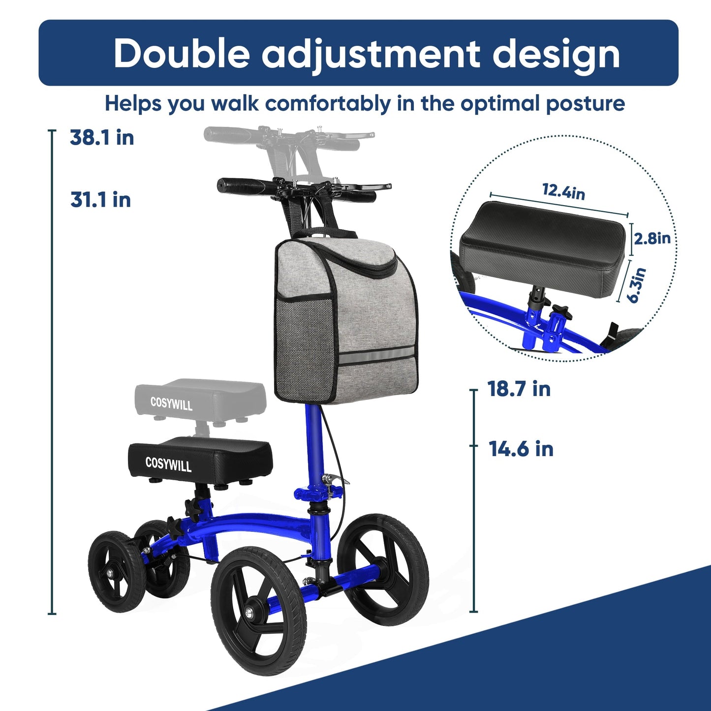 COSYWILL Steerable Knee Scooter, Economy Knee Walker, All Terrain Foldable Medical Scooter for Foot Injuries Crutches Alternative, Blue