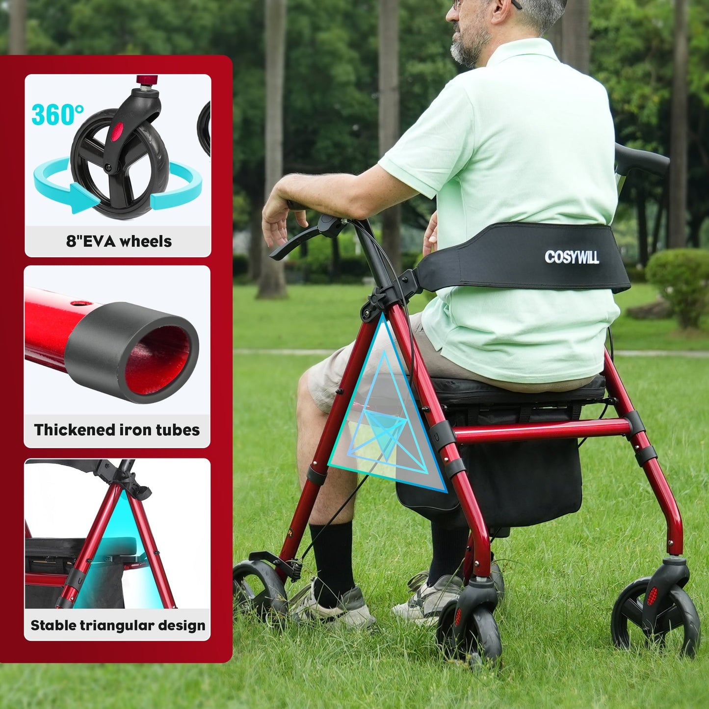 COSYWILL Rollator Walker with Seat,Foldable Mobility Walker with Durable Steel,Rolling Walker with 8" Wheels for All Terrain,Adjustable Height,300 lbs,Red