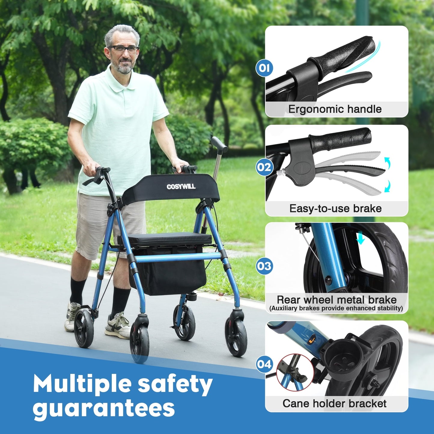 COSYWILL Rollator Walker with Seat,Foldable Mobility Walker with Durable Steel,Rolling Walker with 8" Wheels for All Terrain,Adjustable Height,300 lbs,Blue