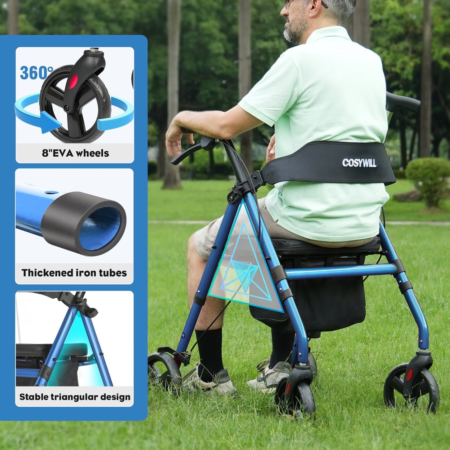 COSYWILL Rollator Walker with Seat,Foldable Mobility Walker with Durable Steel,Rolling Walker with 8" Wheels for All Terrain,Adjustable Height,300 lbs,Blue