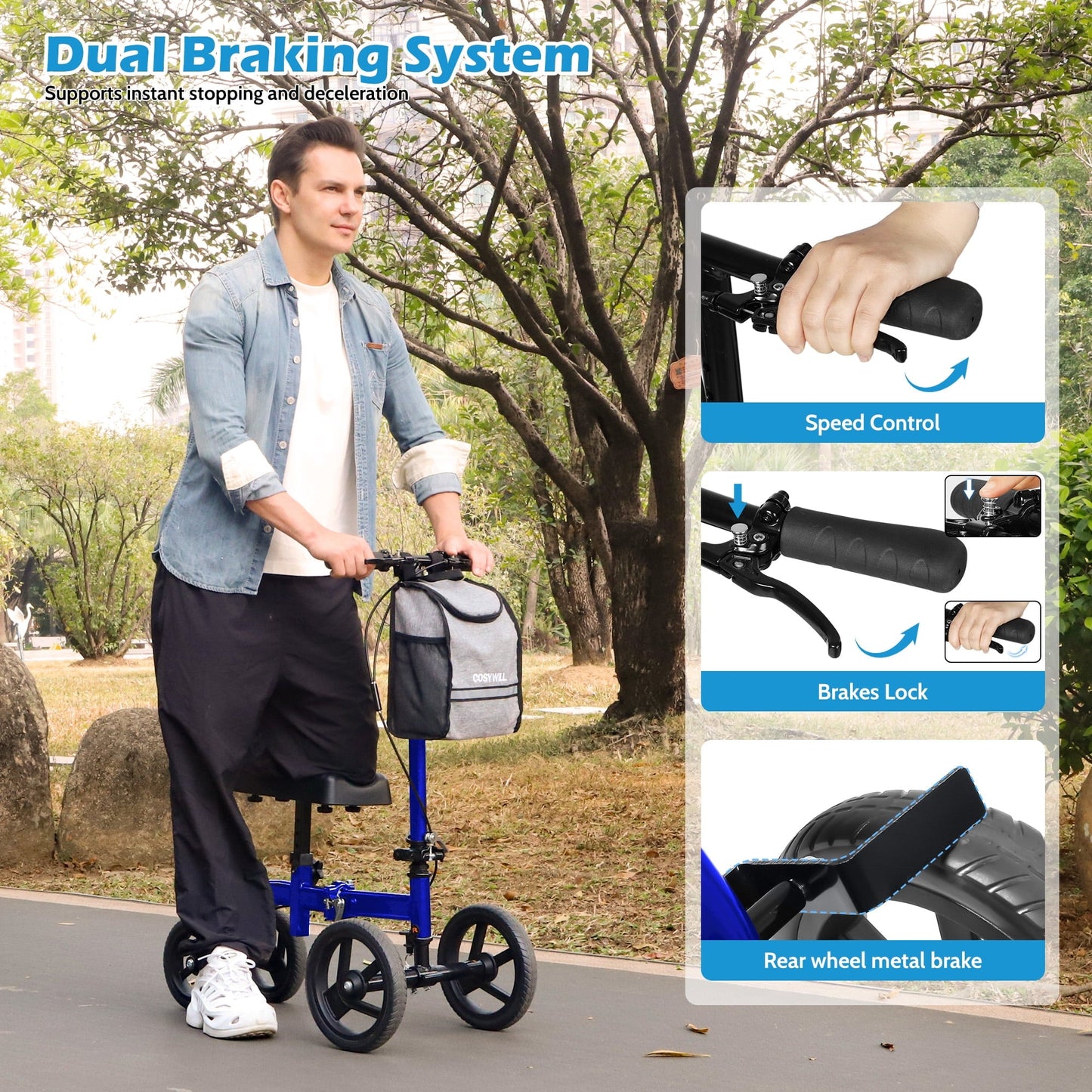 COSYWILL Steerable Knee Scooter,Knee Walker Scooter for Adults with 10" Front Wheels,Foldable Knee Scooter for Foot Surgery Crutches Alternative,Blue