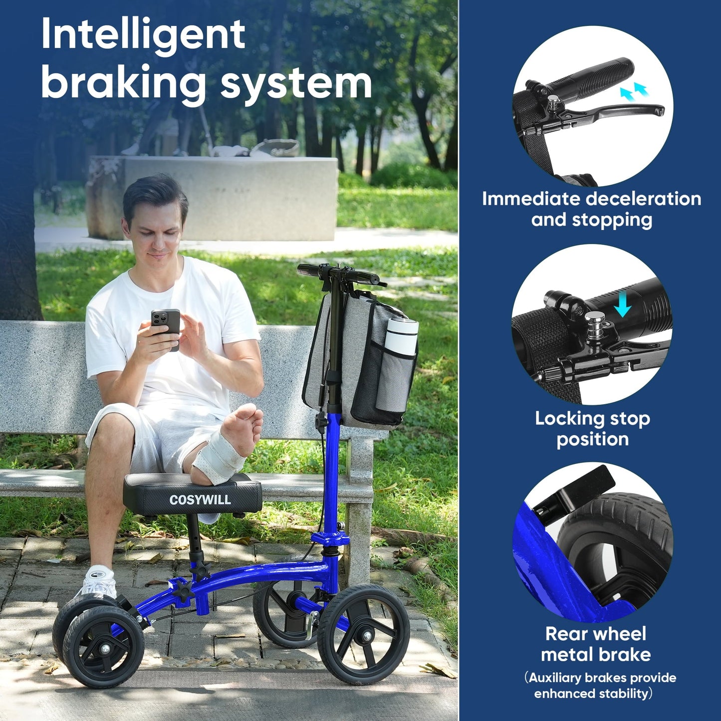 COSYWILL Steerable Knee Scooter, Economy Knee Walker, All Terrain Foldable Medical Scooter for Foot Injuries Crutches Alternative, Blue