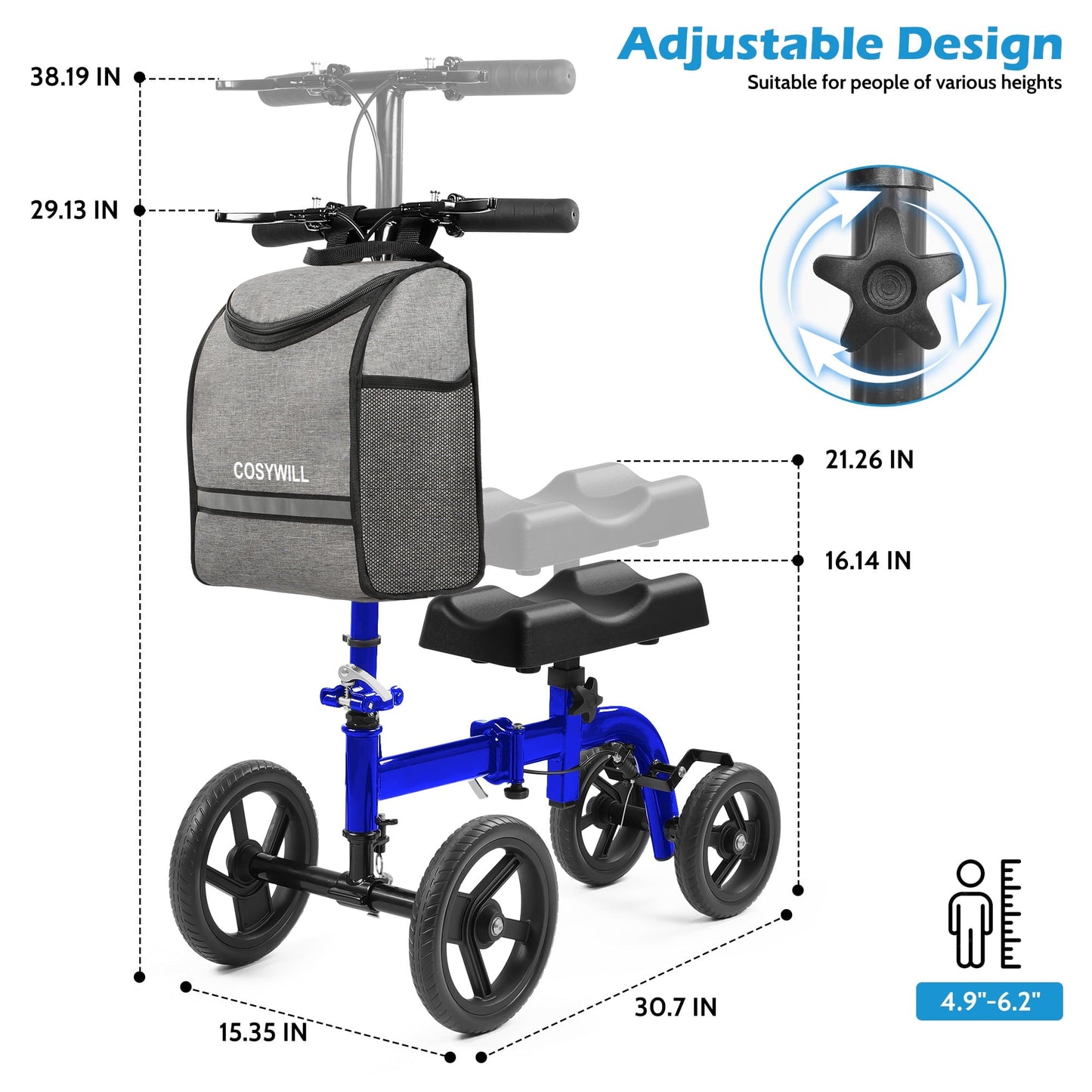 COSYWILL Steerable Knee Scooter,Knee Walker Scooter for Adults with 10" Front Wheels,Foldable Knee Scooter for Foot Surgery Crutches Alternative,Blue