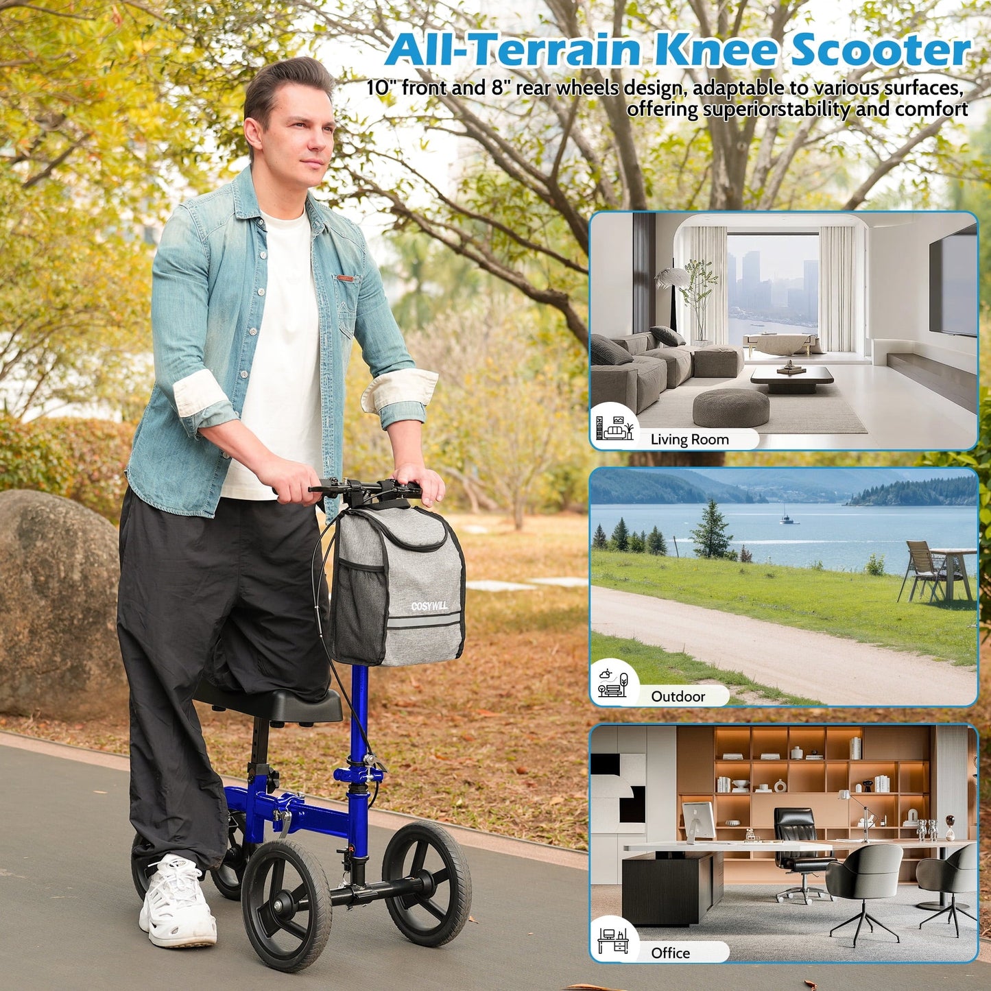 COSYWILL Steerable Knee Scooter,Knee Walker Scooter for Adults with 10" Front Wheels,Foldable Knee Scooter for Foot Surgery Crutches Alternative,Blue