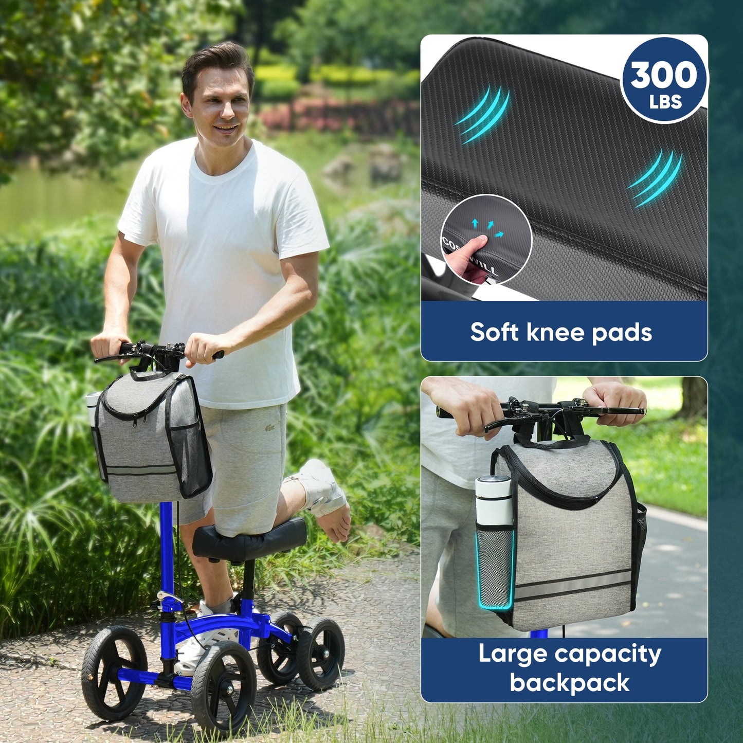 COSYWILL Steerable Knee Scooter, Economy Knee Walker, All Terrain Foldable Medical Scooter for Foot Injuries Crutches Alternative, Blue