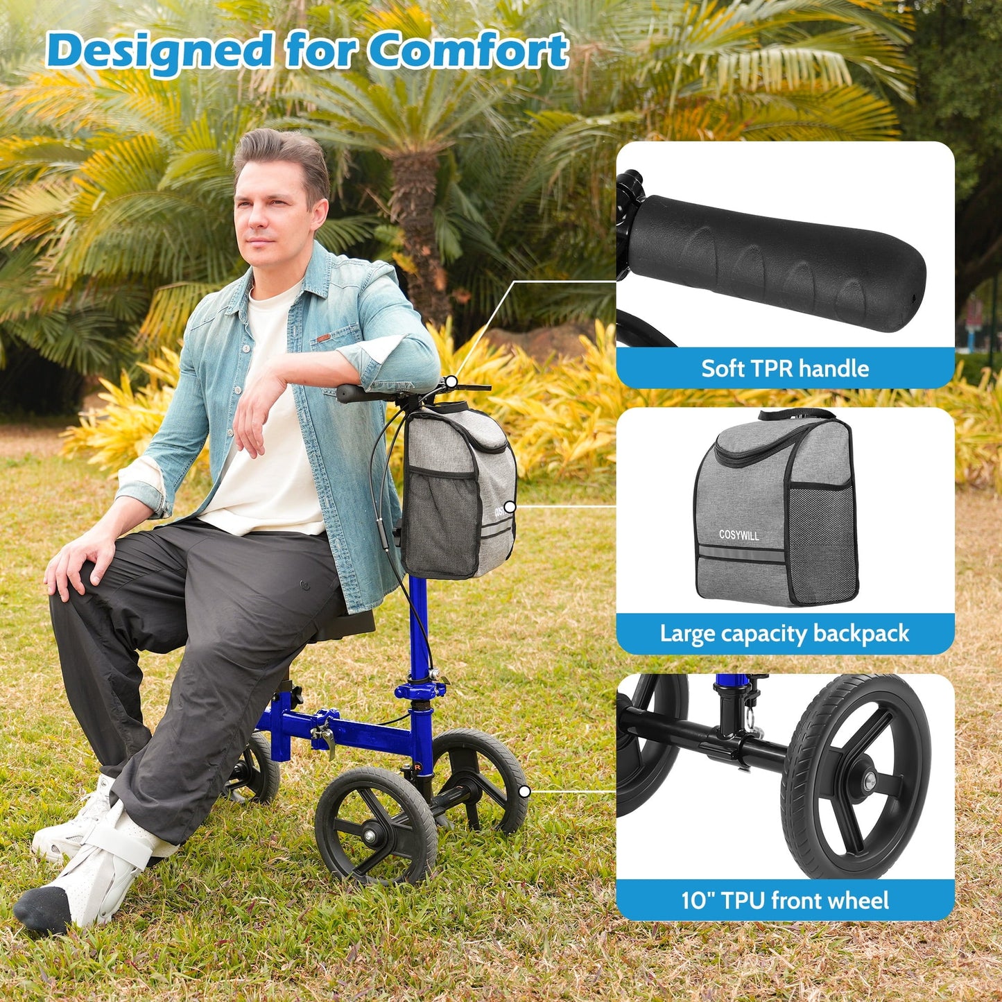 COSYWILL Steerable Knee Scooter,Knee Walker Scooter for Adults with 10" Front Wheels,Foldable Knee Scooter for Foot Surgery Crutches Alternative,Blue