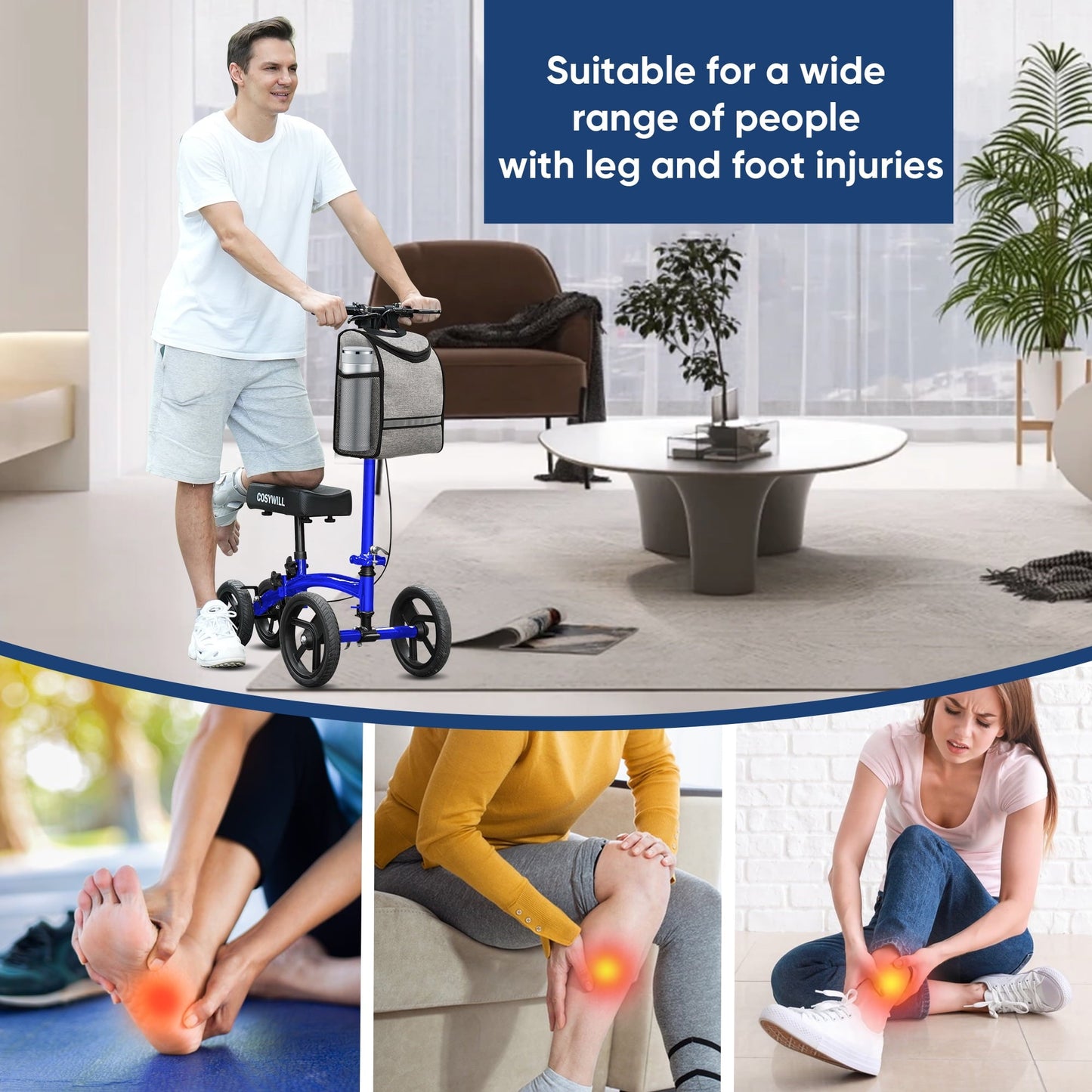 COSYWILL Steerable Knee Scooter, Economy Knee Walker, All Terrain Foldable Medical Scooter for Foot Injuries Crutches Alternative, Blue