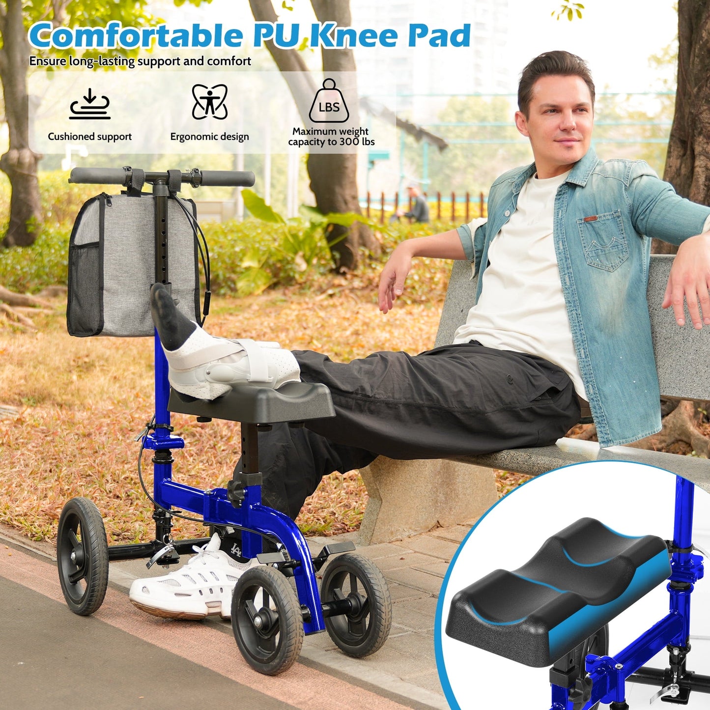 COSYWILL Steerable Knee Scooter,Knee Walker Scooter for Adults with 10" Front Wheels,Foldable Knee Scooter for Foot Surgery Crutches Alternative,Blue