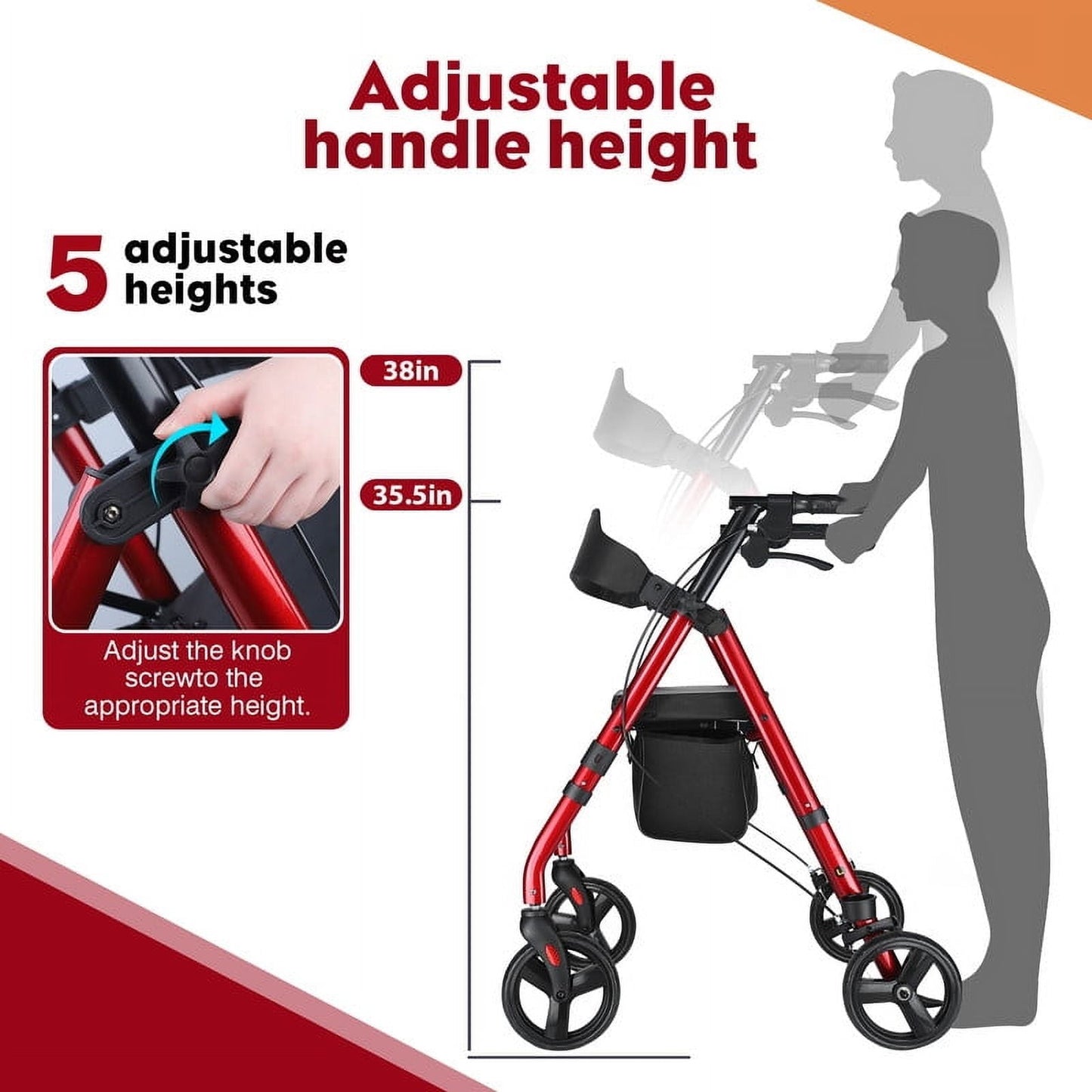 COSYWILL Rollator Walker with Seat,Foldable Mobility Walker with Durable Steel,Rolling Walker with 8" Wheels for All Terrain,Adjustable Height,300 lbs,Red