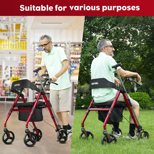 COSYWILL Rollator Walker with Seat,Foldable Mobility Walker with Durable Steel,Rolling Walker with 8" Wheels for All Terrain,Adjustable Height,300 lbs,Red