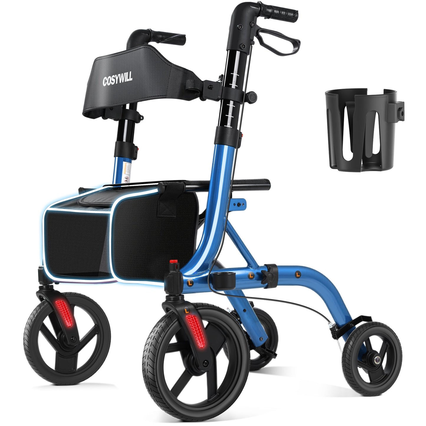 COSYWILL Walker with Seat,Foldable Rollator Walker,10" Wheels,Height Adjustable,Removable Back Support, 300 lbs,Blue