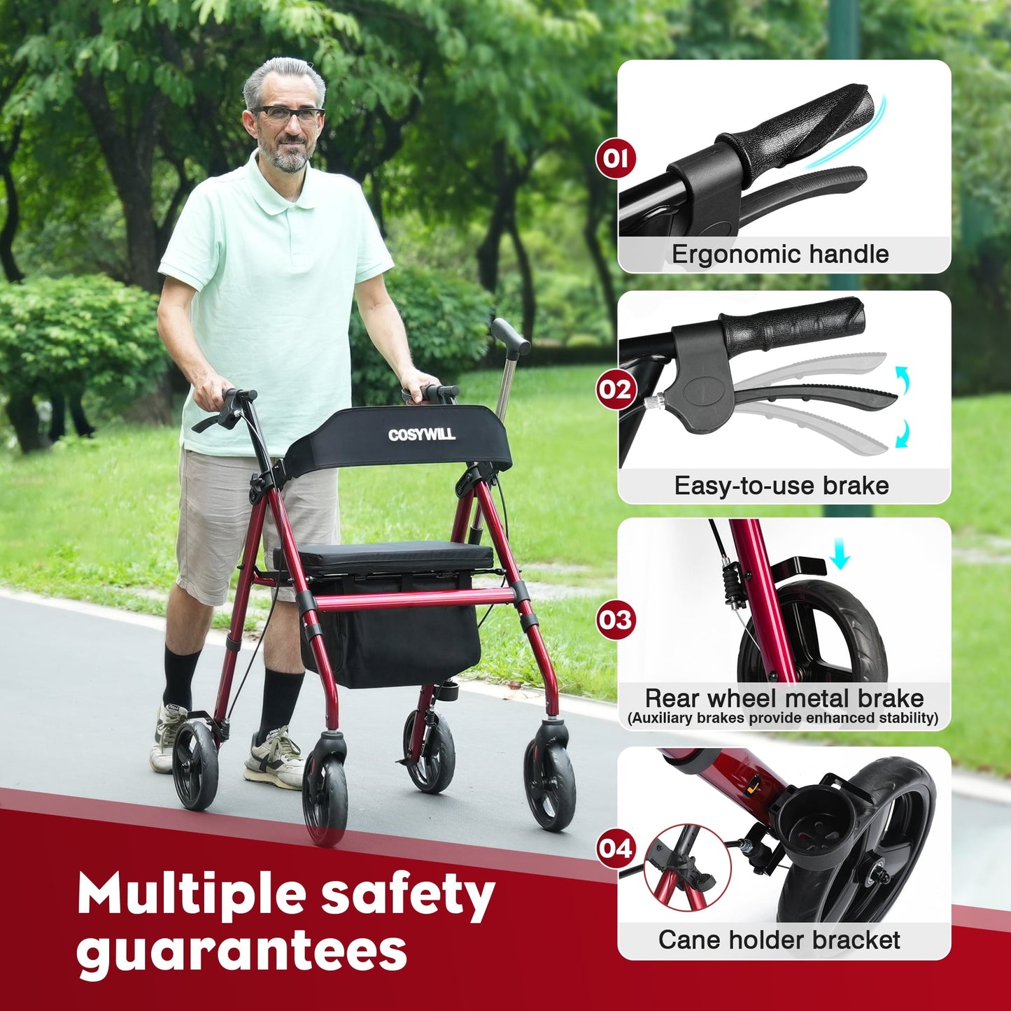 COSYWILL Rollator Walker with Seat,Foldable Mobility Walker with Durable Steel,Rolling Walker with 8" Wheels for All Terrain,Adjustable Height,300 lbs,Red