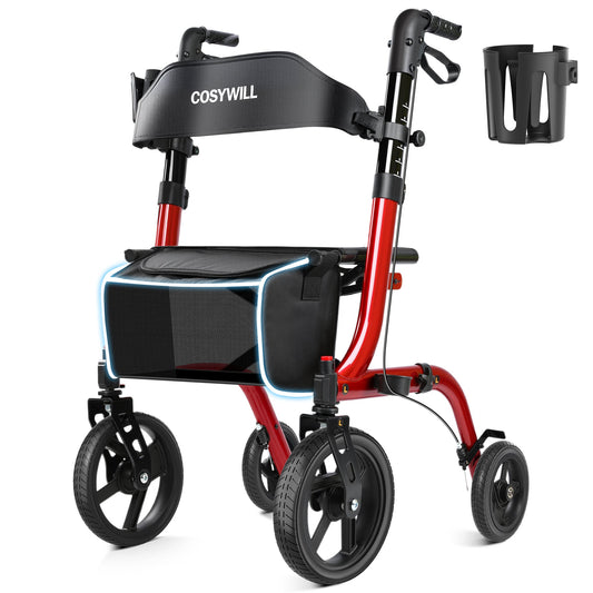 COSYWILL Rollator Walkers with Seat for Seniors, Foldable 10" Big Wheels All Terrain Rolling Walker,Adjustable Handles, Mobility Walker for Seniors,Light Red