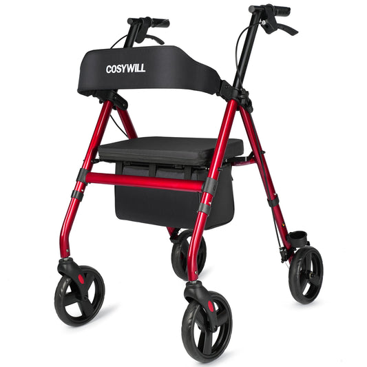 COSYWILL Rollator Walker with Seat,Foldable Mobility Walker with Durable Steel,Rolling Walker with 8" Wheels for All Terrain,Adjustable Height,300 lbs,Red