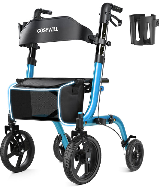 COSYWILL Rollator Walkers with Seat for Seniors, Foldable 10" Big Wheels All Terrain Rolling Walker,Adjustable Handles, Mobility Walker for Seniors,Blue