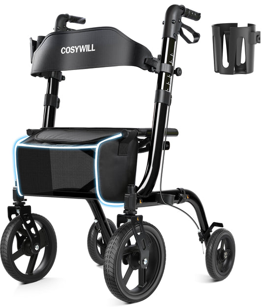 COSYWILL Rollator Walkers with Seat for Seniors, Foldable 10" Big Wheels All Terrain Rolling Walker,Adjustable Handles, Mobility Walker for Seniors,Black