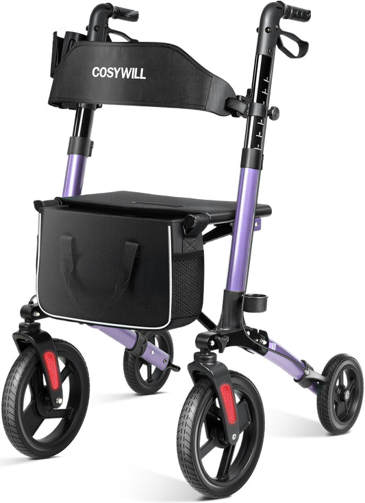 COSYWILL Walkers for Seniors,Foldable Rollator Walker with Seat,Mobility Walkers with 10" Big Wheels, Adjustable Handles and Backrest Height,Purple