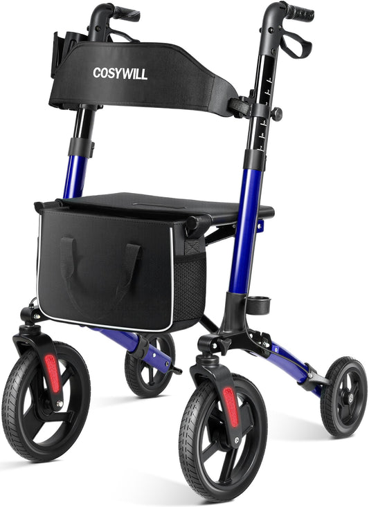 COSYWILL Walkers for Seniors,Foldable Rollator Walker with Seat,Mobility Walkers with 10" Big Wheels, Adjustable Handles and Backrest Height,Blue
