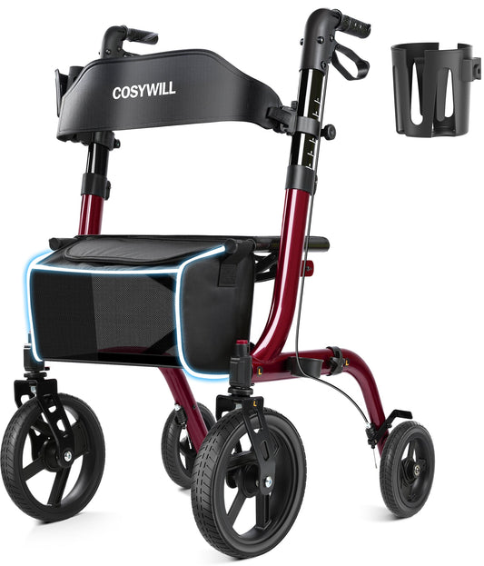 COSYWILL Rollator Walkers with Seat for Seniors, Foldable 10" Big Wheels All Terrain Rolling Walker,Adjustable Handles, Mobility Walker for Seniors,Dark Red