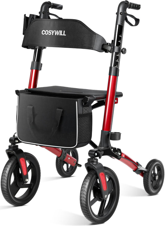 COSYWILL Walkers for Seniors,Foldable Rollator Walker with Seat,Mobility Walkers with 10" Big Wheels, Adjustable Handles and Backrest Height,Light Red