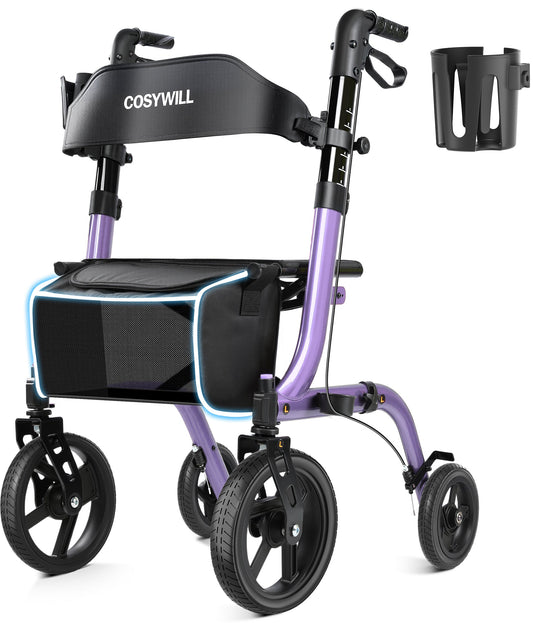 COSYWILL Rollator Walkers with Seat for Seniors, Foldable 10" Big Wheels All Terrain Rolling Walker,Adjustable Handles, Mobility Walker for Seniors,Purple