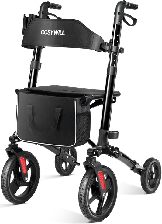 COSYWILL Walkers for Seniors,Foldable Rollator Walker with Seat,Mobility Walkers with 10" Big Wheels, Adjustable Handles and Backrest Height,Black