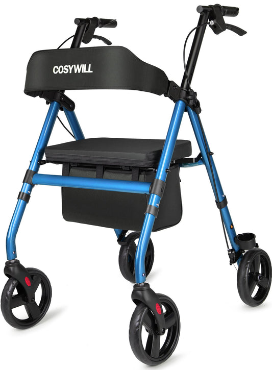 COSYWILL Rollator Walker with Seat,Foldable Mobility Walker with Durable Steel,Rolling Walker with 8" Wheels for All Terrain,Adjustable Height,300 lbs,Blue