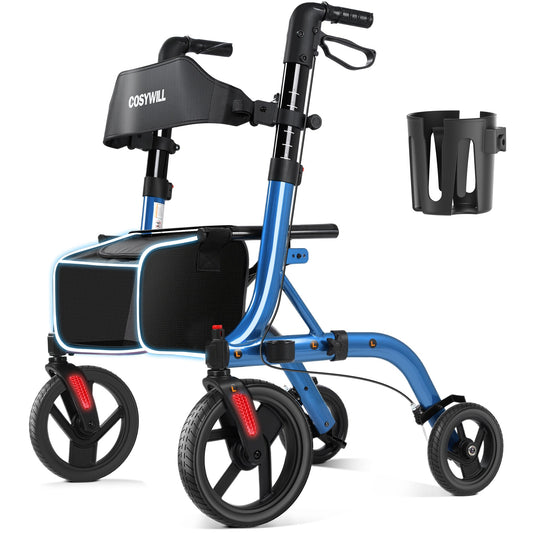 COSYWILL Walker with Seat,Foldable Rollator Walker,10" Wheels,Height Adjustable,Removable Back Support, 300 lbs,Blue