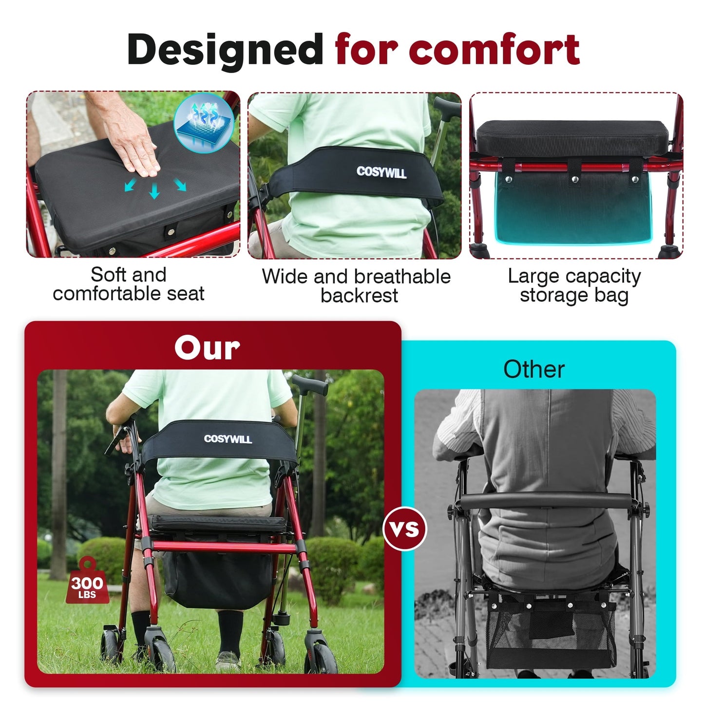 COSYWILL Rollator Walker with Seat,Foldable Mobility Walker with Durable Steel,Rolling Walker with 8" Wheels for All Terrain,Adjustable Height,300 lbs,Red